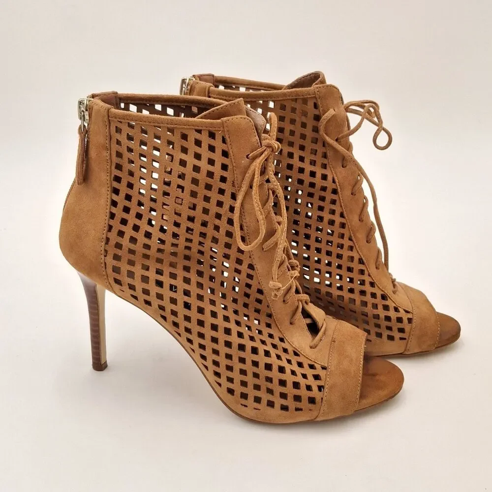 Rare Nine West Moustique Suede Sz 8M Women's Heeled Sandal Dark Natural Stiletto